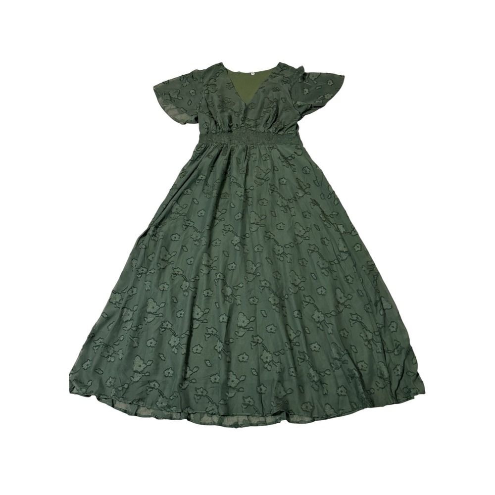 Olive Green Floral Fil-Coupe V-Neck Maxi Dress Smocked Waist XL Flutter Sleeve